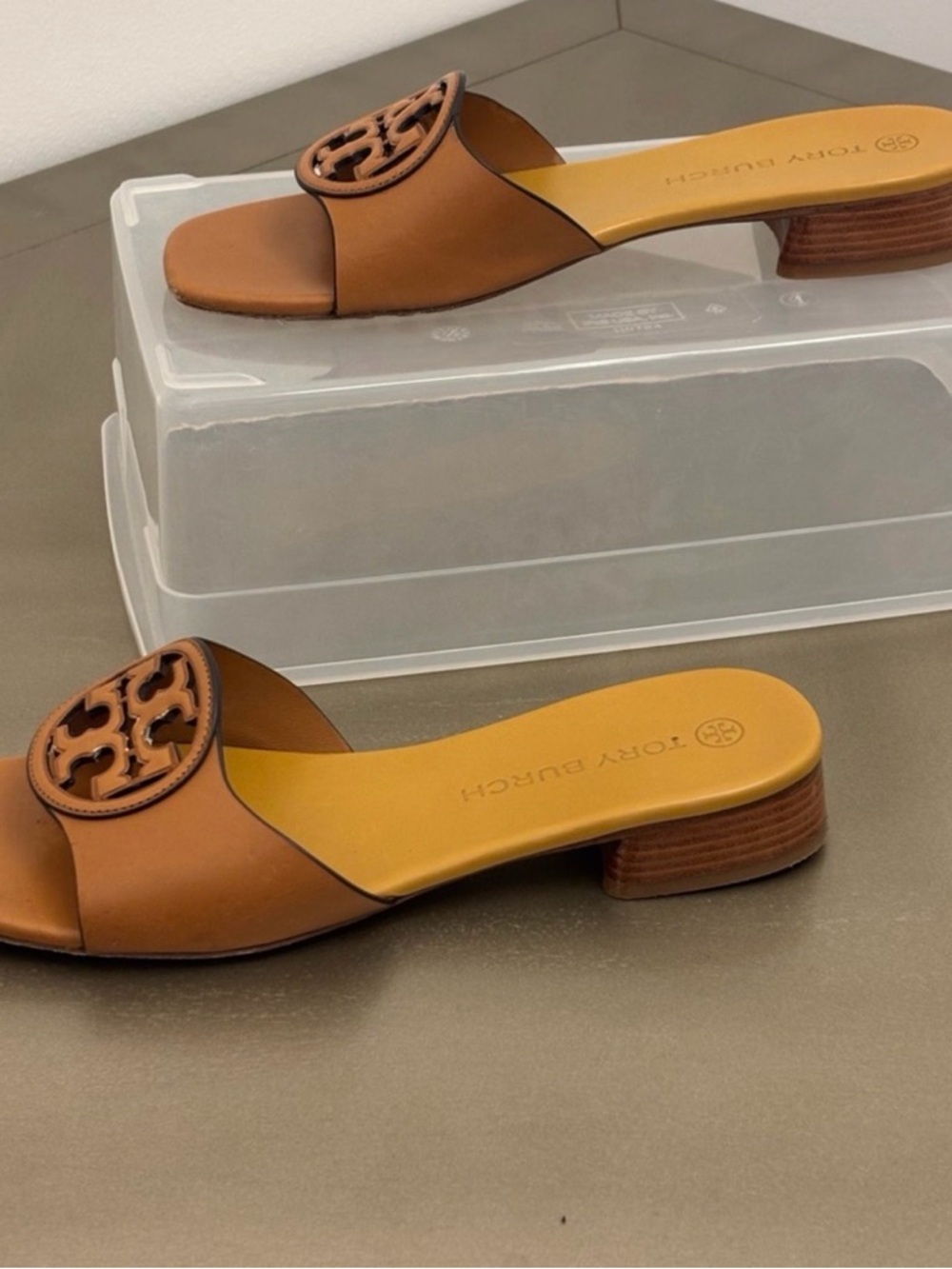 Tory Burch Tan Leather Logo Slide Mules